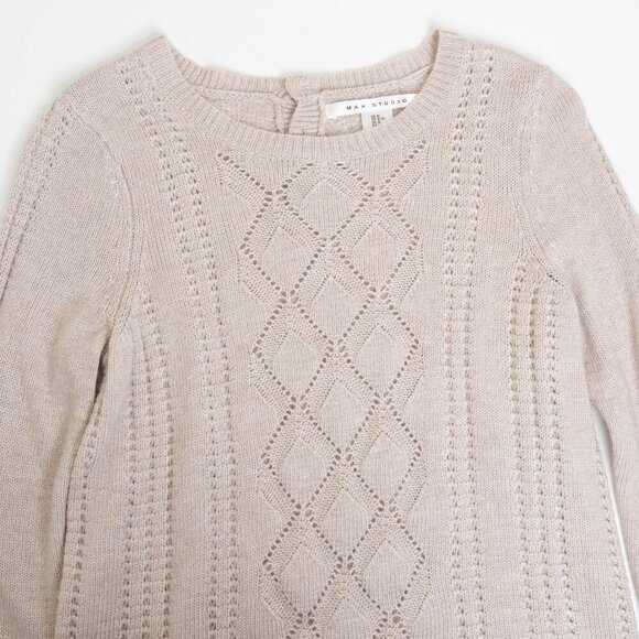 Max Studio Sweater Merino Wool Blend Beige Diamond Knit Pullover Medium - Picture 4 of 12